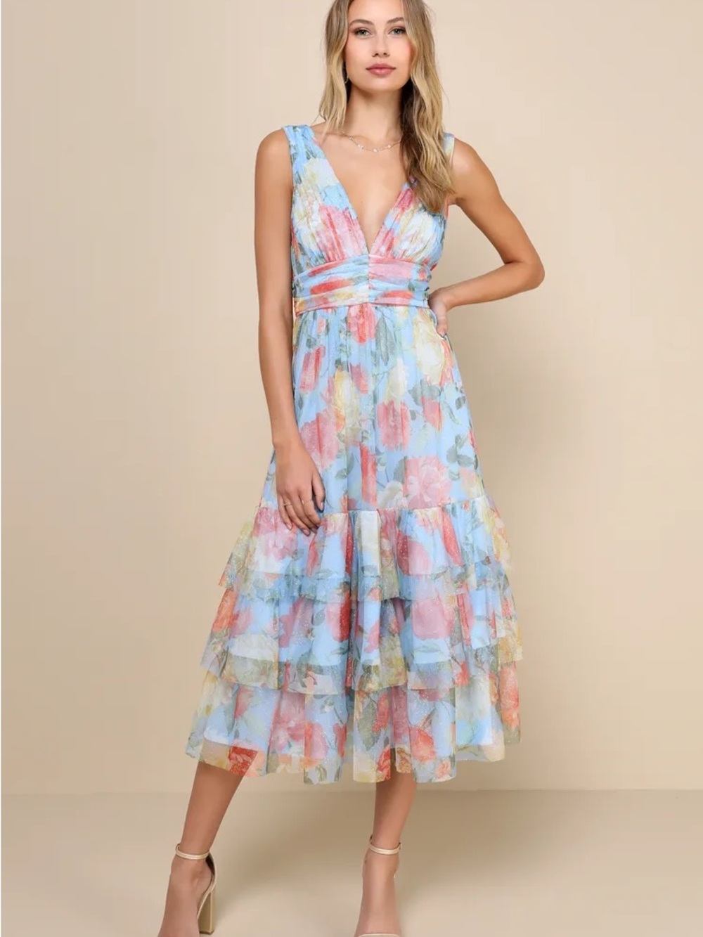 Lulu's Perfectly Divine Blue Floral Tulle Tiered Ruffled Midi Dress